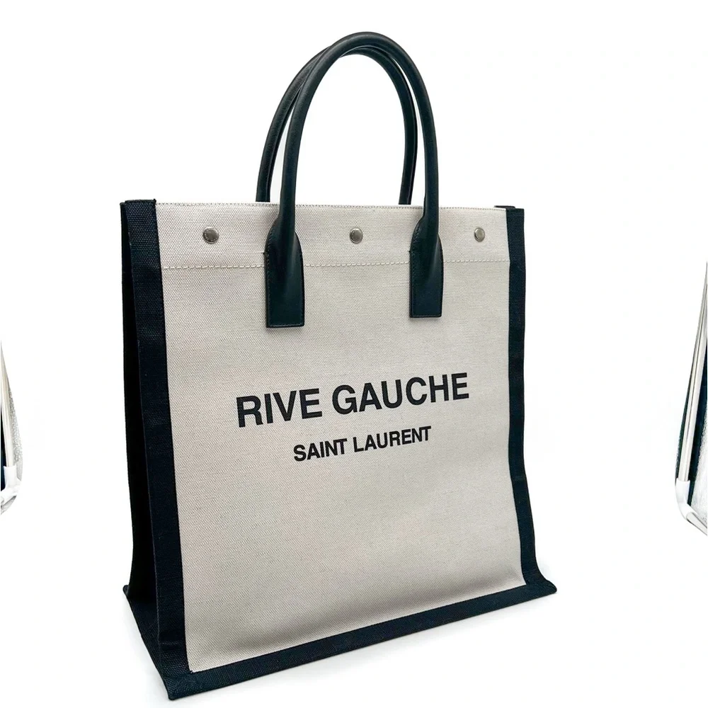 Saint Laurent Rive Gauche North South Canvas Tote – Black Leather Trim